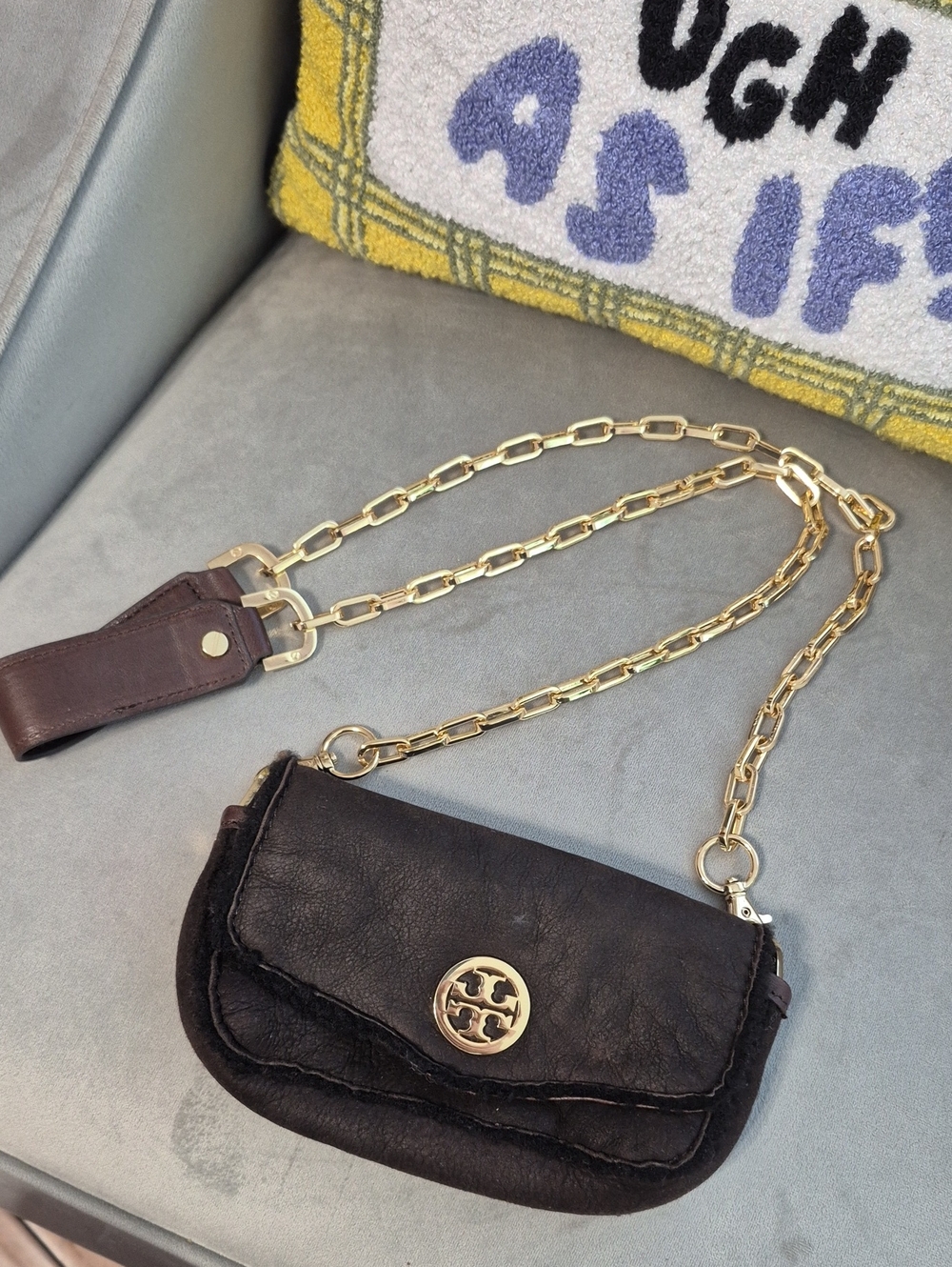 TORY BURCH Gold Chain Black Leather & Shearling Crossbody Bag